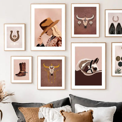 Wild Western Boho Cowgirl Horseshoe Buffalo Skull Posters and Prints Art Canvas Painting Modern Wall Pictures for Bedroom Decor
