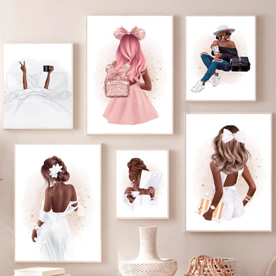 Coffee Fashion Black Girl Fitness Illustration Nordic Posters and Prints Art Canvas Painting Wall Pictures for Living Room Decor