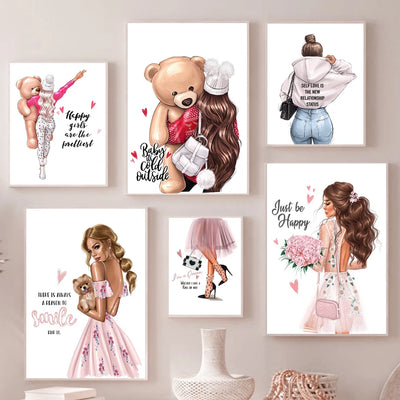 Teddy Bear Rose Flower Fashion Dress Girl Dog Nordic Posters and Prints Art Canvas Painting Wall Pictures for Living Room Decor